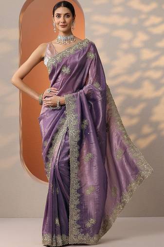 purple embroidered organza saree with unstitched blouse piece