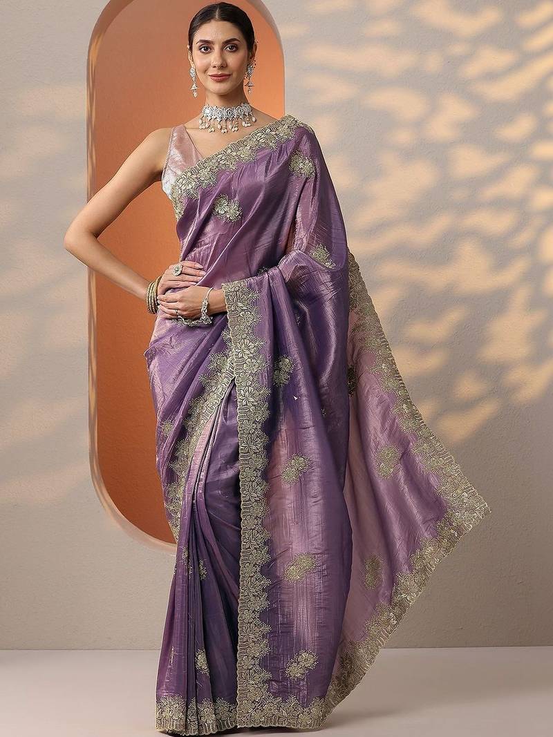 purple embroidered organza saree with unstitched blouse piece