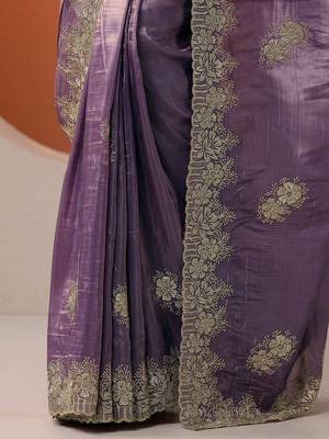 purple embroidered organza saree with unstitched blouse piece 3