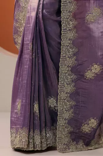 purple embroidered organza saree with unstitched blouse piece