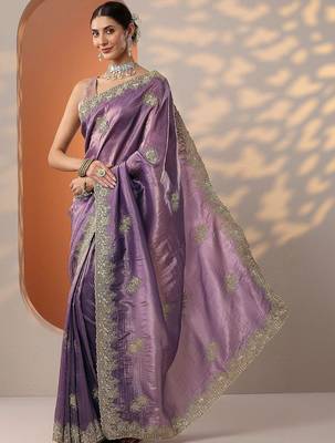 purple embroidered organza saree with unstitched blouse piece 4