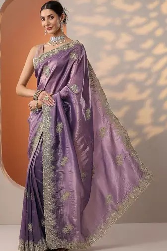 purple embroidered organza saree with unstitched blouse piece