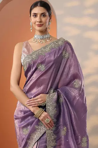 purple embroidered organza saree with unstitched blouse piece