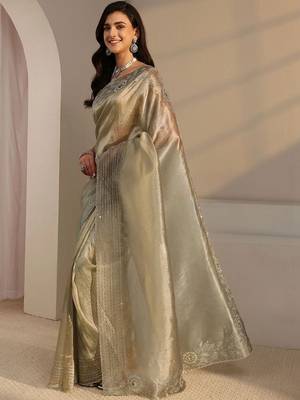 taupe beads and stones heavy work saree 3