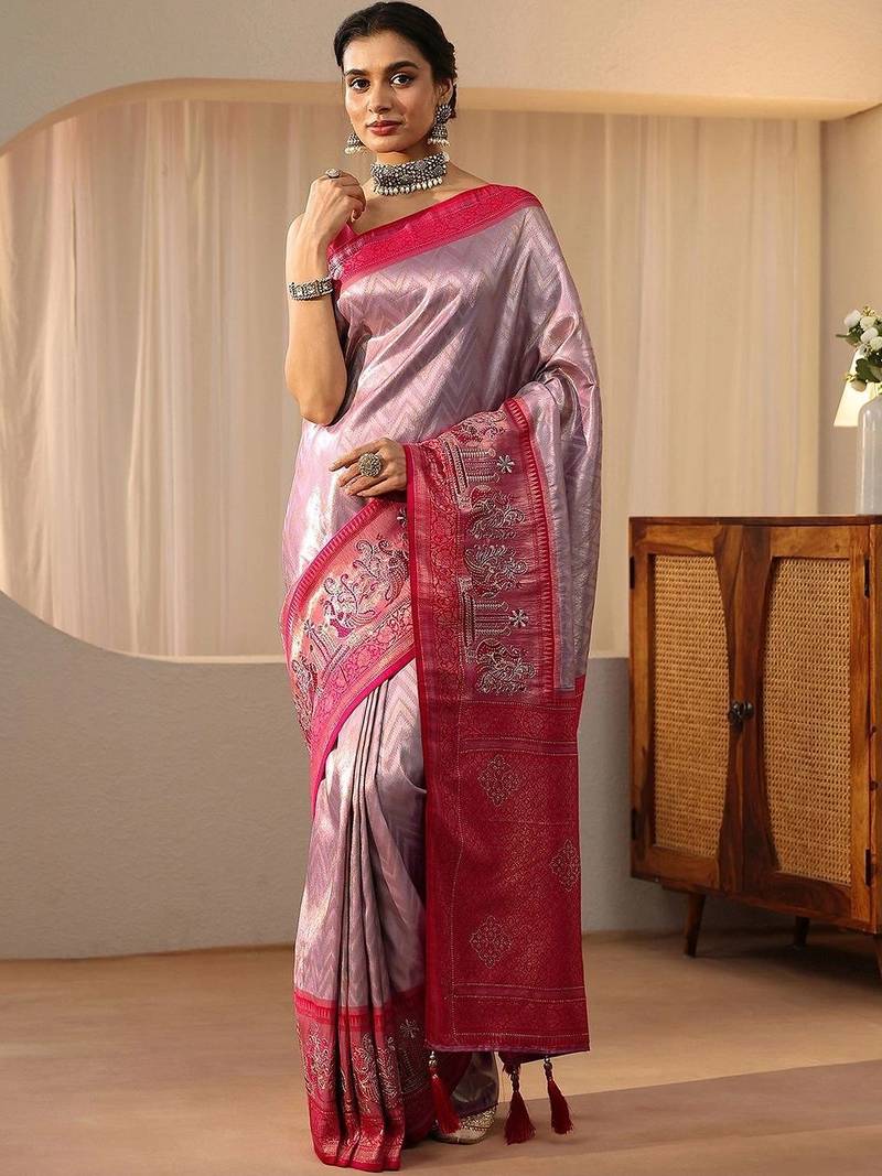 pink silk blend saree with woven border