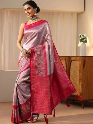 pink silk blend saree with woven border 2