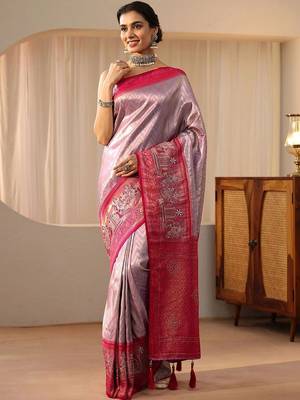 pink silk blend saree with woven border 3