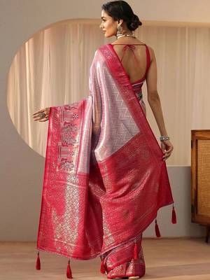 pink silk blend saree with woven border 4