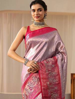 pink silk blend saree with woven border 5
