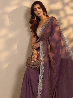 violet embellished saree with unstitched blouse piece 1