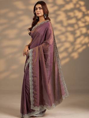 violet embellished saree with unstitched blouse piece 2