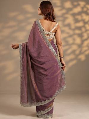 violet embellished saree with unstitched blouse piece 3