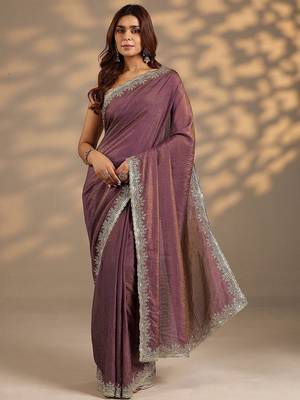 violet embellished saree with unstitched blouse piece 4