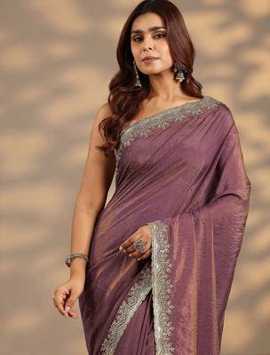 violet embellished saree with unstitched blouse piece 5
