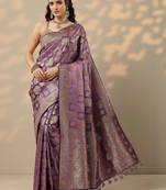 purple woven design banarasi silk blend saree with unstitched blouse piece