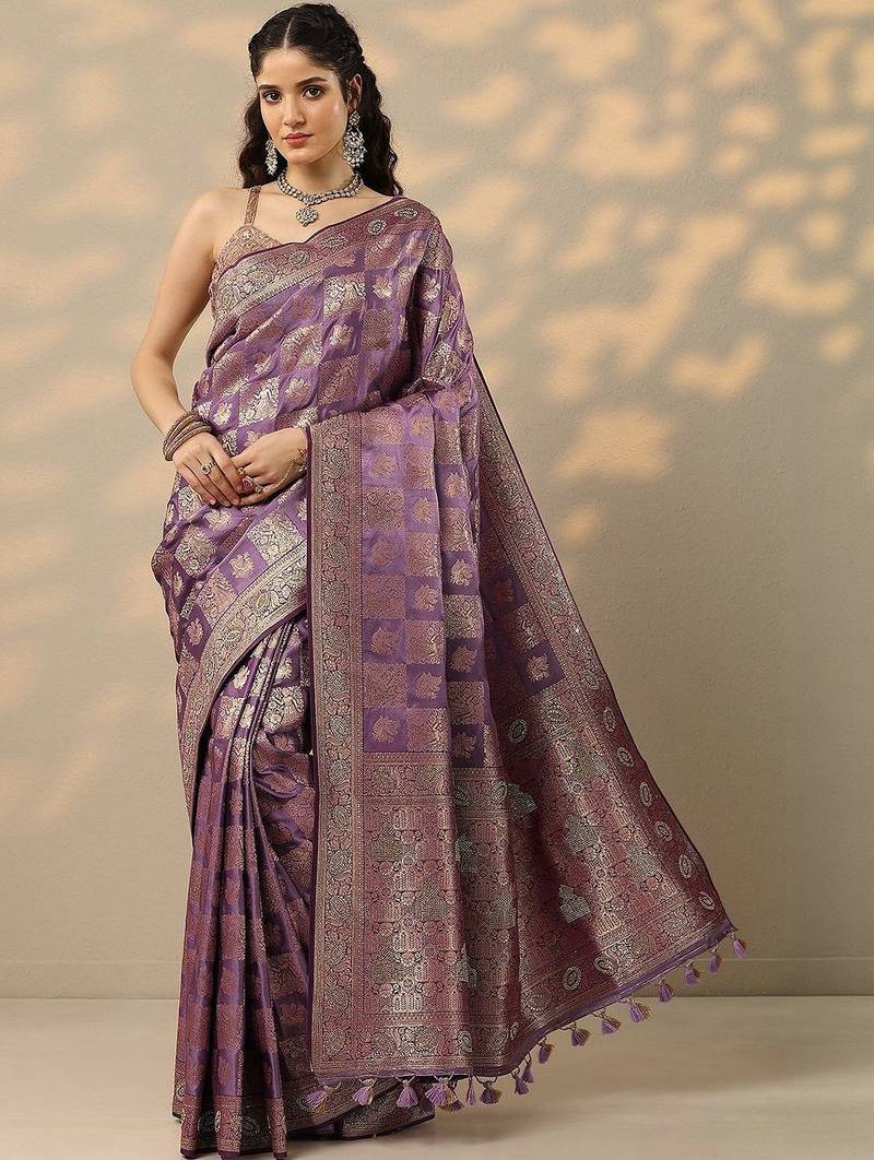 purple woven design banarasi silk blend saree with unstitched blouse piece