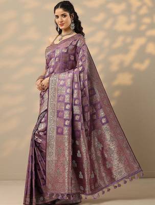 purple woven design banarasi silk blend saree with unstitched blouse piece 2
