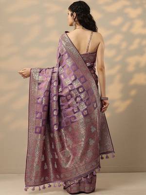 purple woven design banarasi silk blend saree with unstitched blouse piece 3