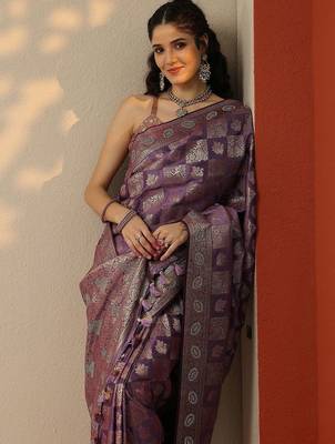 purple woven design banarasi silk blend saree with unstitched blouse piece 4