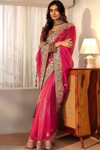 net saree with embroidered border