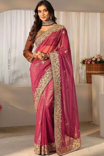 net saree with embroidered border