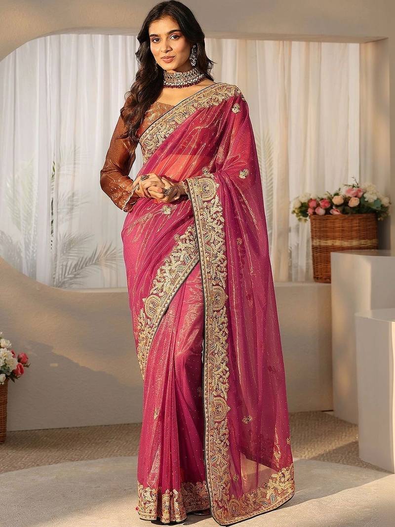 net saree with embroidered border