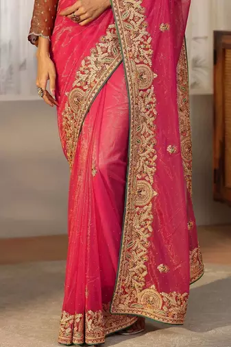 net saree with embroidered border
