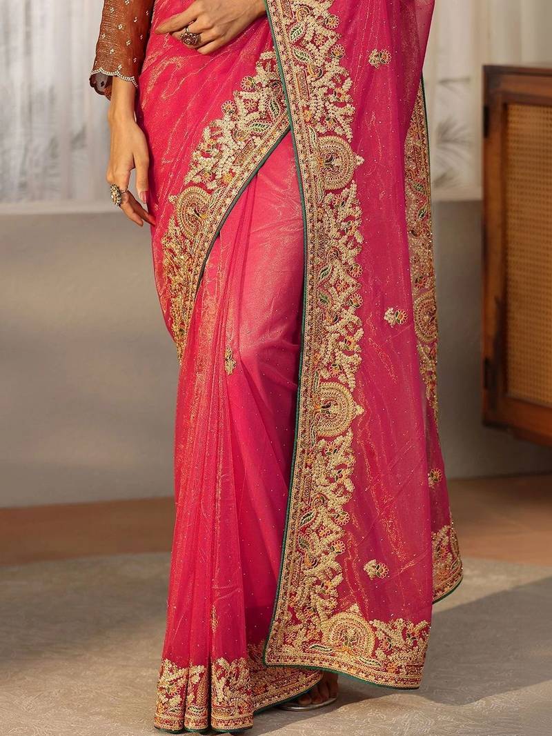 net saree with embroidered border