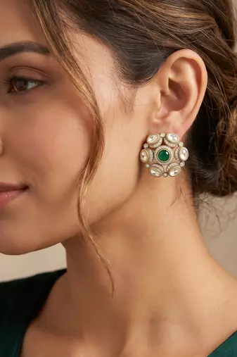 Smooth round shape green kundan mehandi gold plated stud earring for women and girls