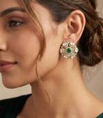 Smooth round shape green kundan mehandi gold plated stud earring for women and girls