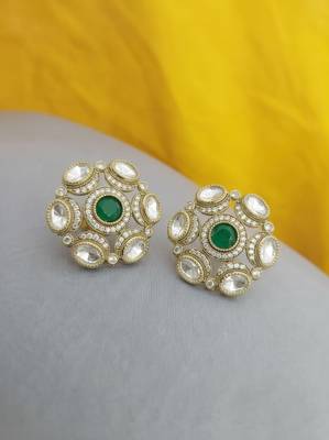 Smooth round shape green kundan mehandi gold plated stud earring for women and girls 2