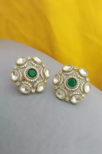Smooth round shape green kundan mehandi gold plated stud earring for women and girls