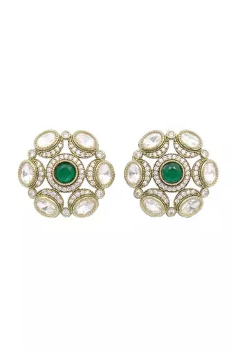 Smooth round shape green kundan mehandi gold plated stud earring for women and girls