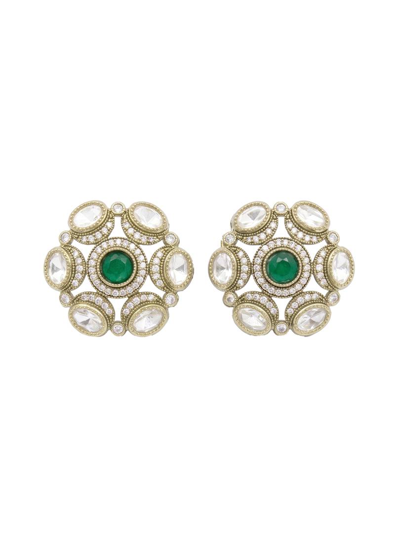 Smooth round shape green kundan mehandi gold plated stud earring for women and girls