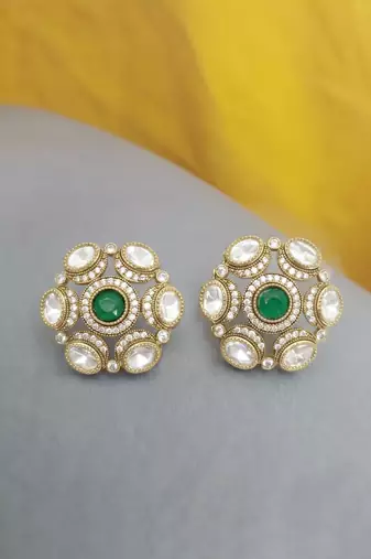 Smooth round shape green kundan mehandi gold plated stud earring for women and girls