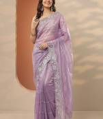 lavender embroidered nylon saree with unstitched blouse piece