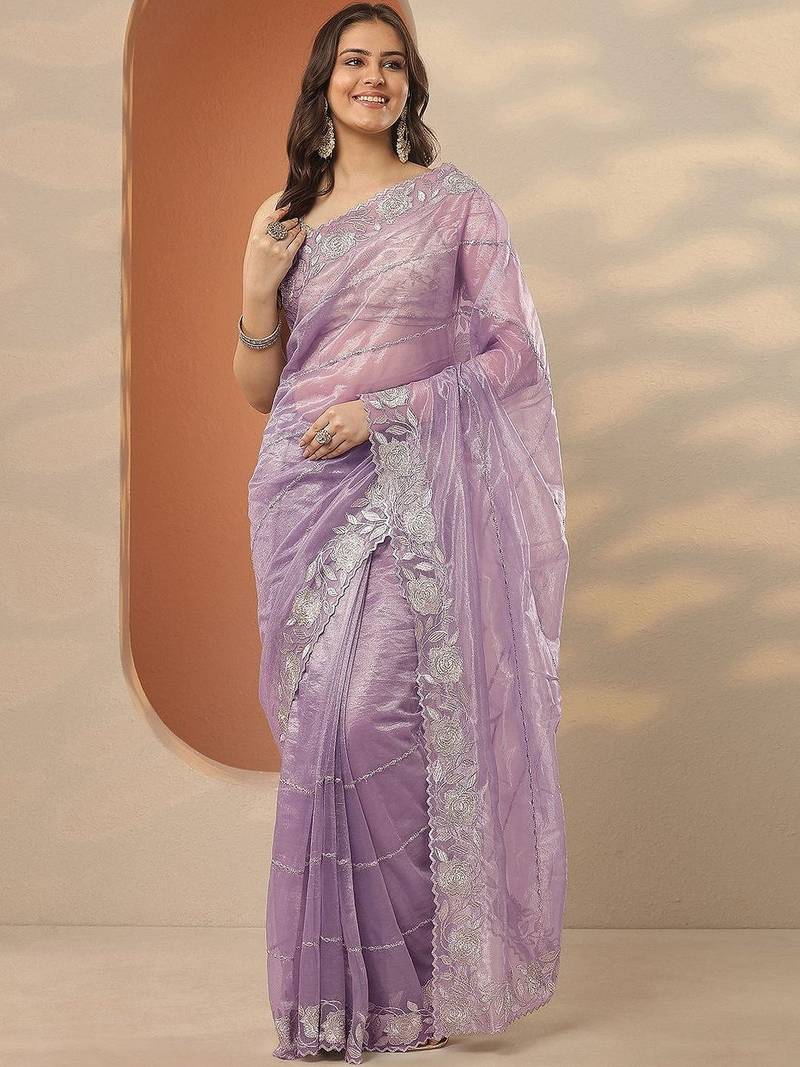 lavender embroidered nylon saree with unstitched blouse piece