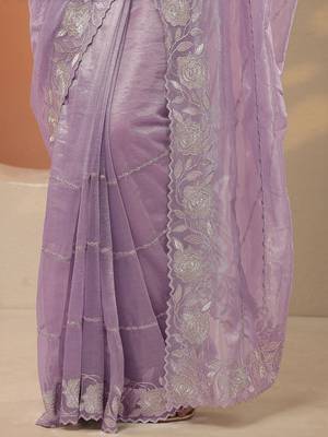 lavender embroidered nylon saree with unstitched blouse piece 2