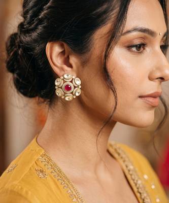 Smooth round shape ruby kundan mehandi gold plated stud earring for women and girls 1