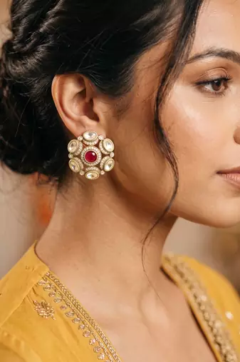 Smooth round shape ruby kundan mehandi gold plated stud earring for women and girls