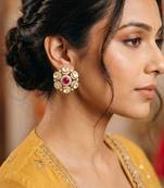 Smooth round shape ruby kundan mehandi gold plated stud earring for women and girls