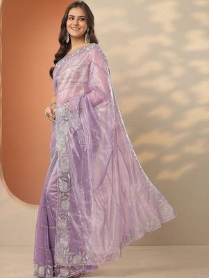 lavender embroidered nylon saree with unstitched blouse piece 3