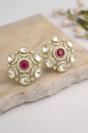 Smooth round shape ruby kundan mehandi gold plated stud earring for women and girls
