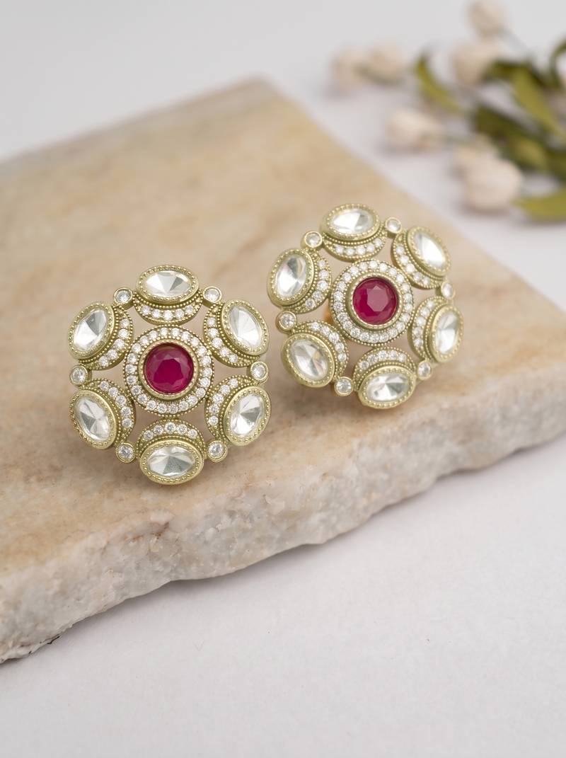 Smooth round shape ruby kundan mehandi gold plated stud earring for women and girls