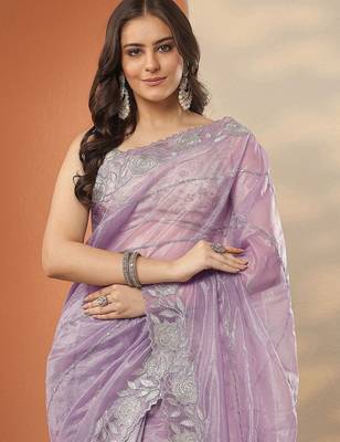 lavender embroidered nylon saree with unstitched blouse piece 5