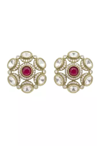 Smooth round shape ruby kundan mehandi gold plated stud earring for women and girls