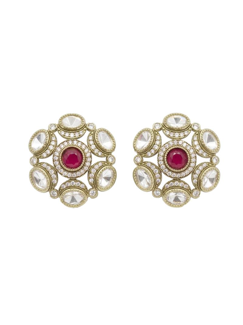 Smooth round shape ruby kundan mehandi gold plated stud earring for women and girls