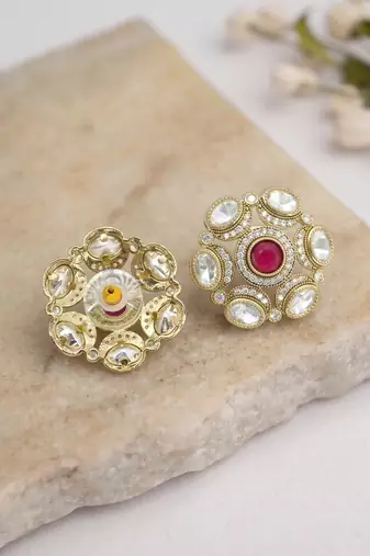 Smooth round shape ruby kundan mehandi gold plated stud earring for women and girls