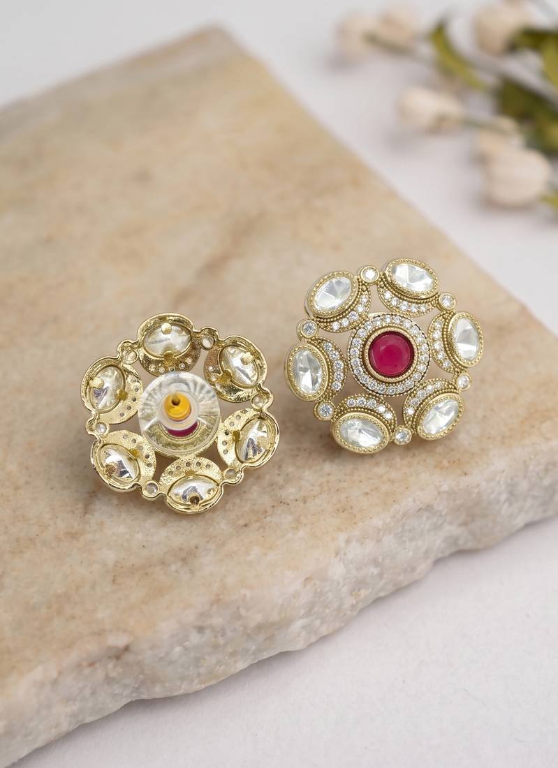 Smooth round shape ruby kundan mehandi gold plated stud earring for women and girls