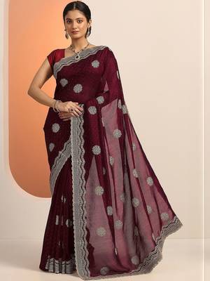 maroon embellished saree with unstitched blouse piece 1